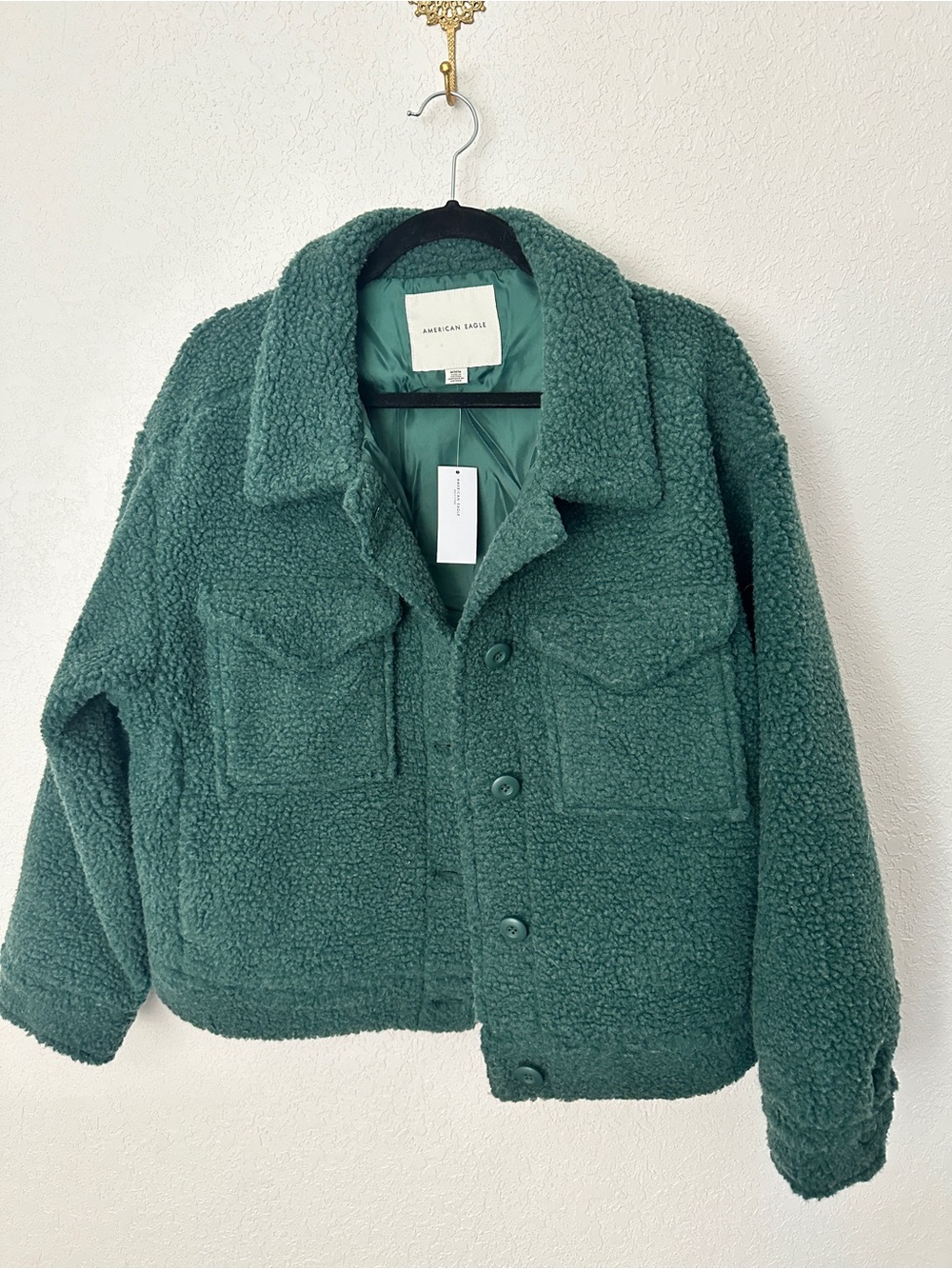 American Eagle Forest Green Sherpa Button Cropped Jacket